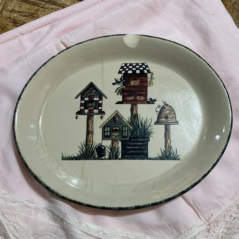Vintage Home‎ & Garden Party Birdhouse Oval Stoneware Platter
